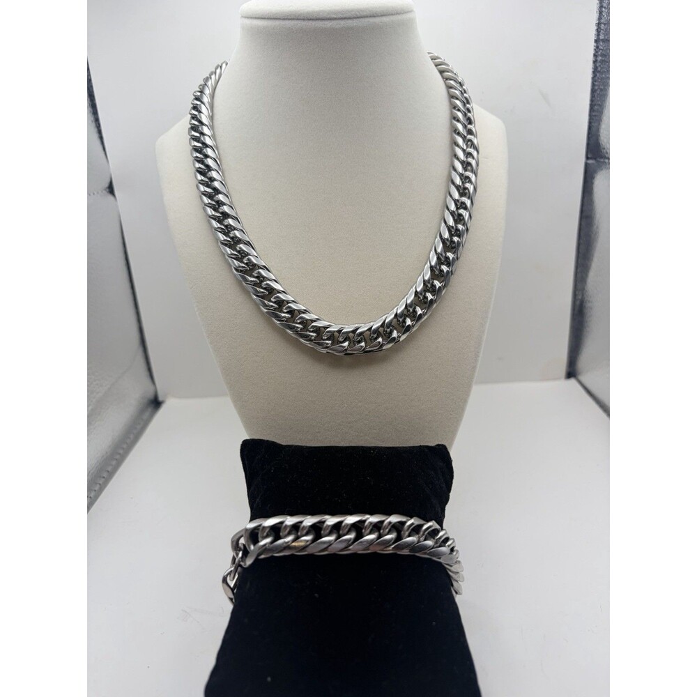 Heavy Stainless Steel Cuban Link Necklace And Bracelet Set